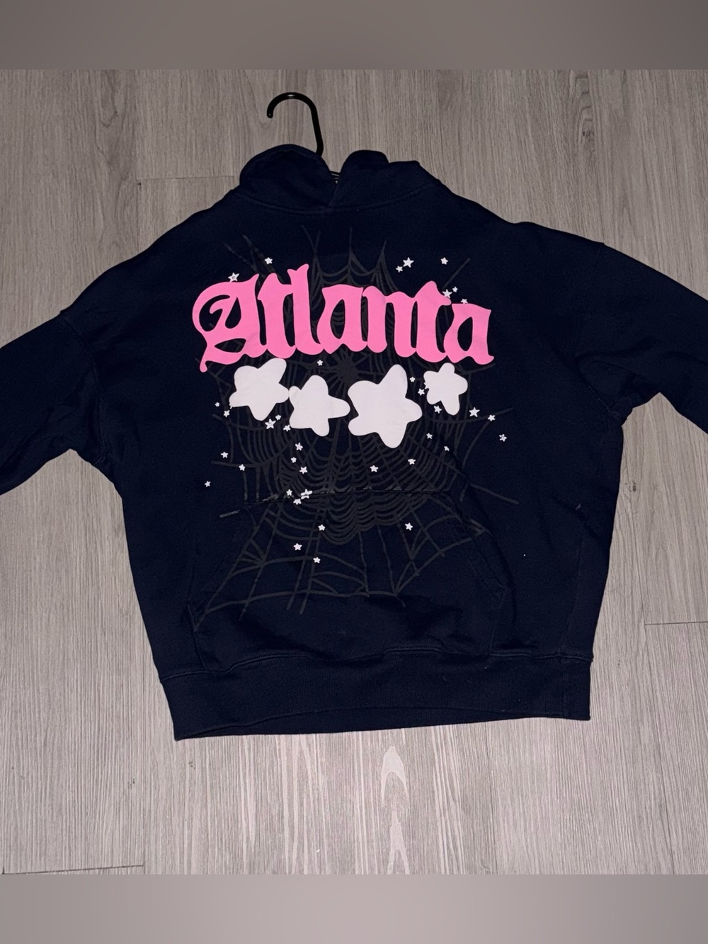 Navy Blue Spider Hoodie with Pink 'atlanta' Script and White Star Motif
